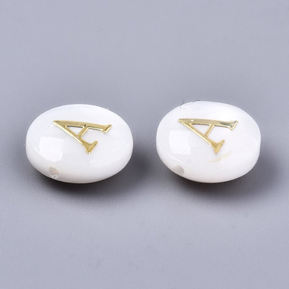 Natural Freshwater Shell Beads with Golden Alphabet Letter A - 8mm Flat Round