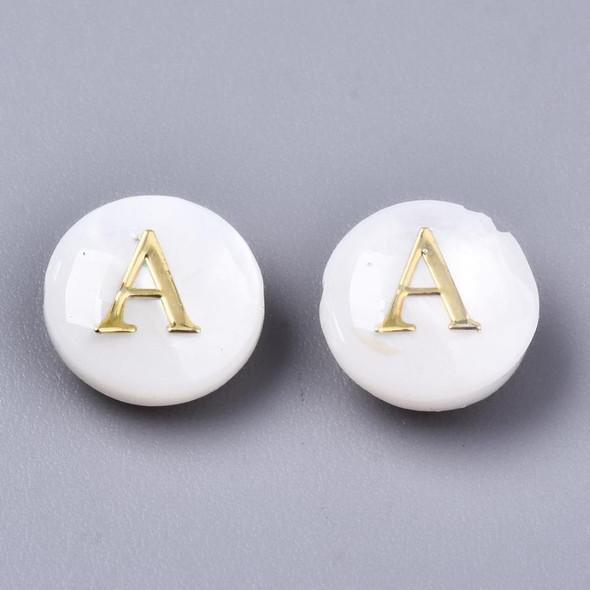 8mm Flat Round Natural Freshwater Shell Beads with Golden Alphabet Letter A