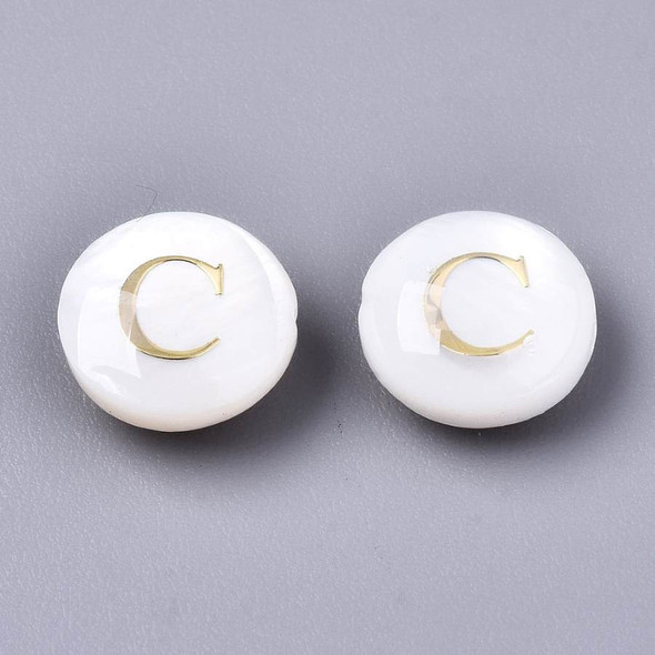 8mm Flat Round Natural Freshwater Shell Beads with Golden Alphabet Letter C