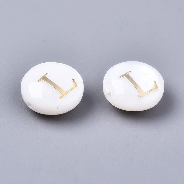 Natural Freshwater Shell Beads with Golden Alphabet Letter L - 8mm Flat Round