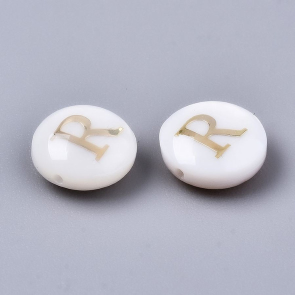 Natural Freshwater Shell Beads with Golden Alphabet Letter R - 8mm Flat Round