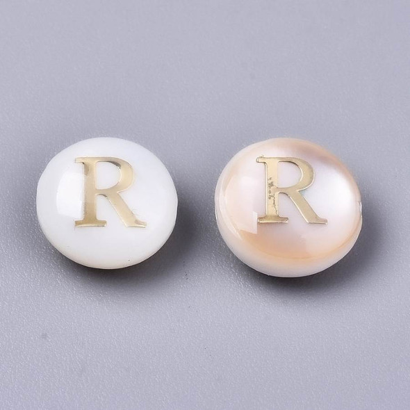 8mm Flat Round Natural Freshwater Shell Beads with Golden Alphabet Letter R